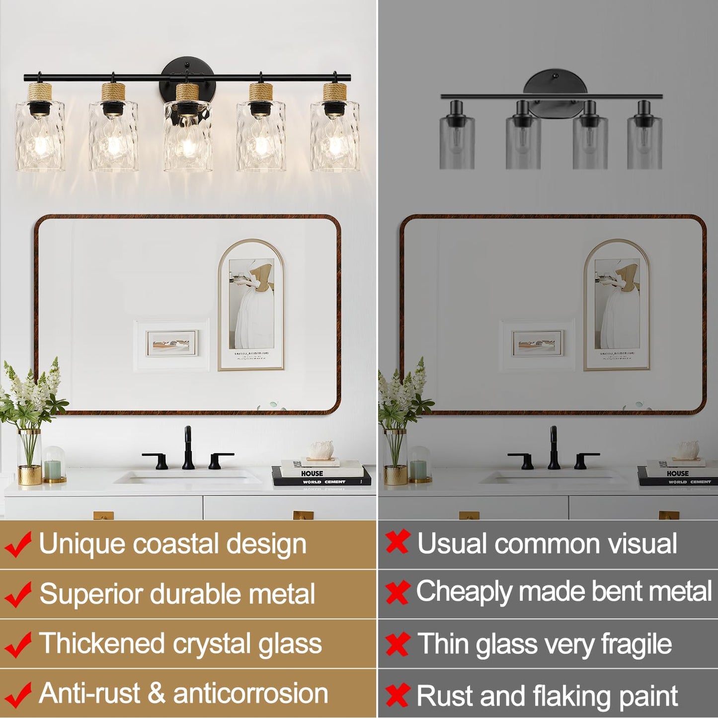 MOKATNG Bathroom Light Fixtures, 5-Light Coastal Vanity Lights with Crystal Glass Shade, Black Bathroom Wall Lamp for Mirror Kitchen Hallway Cabinet
