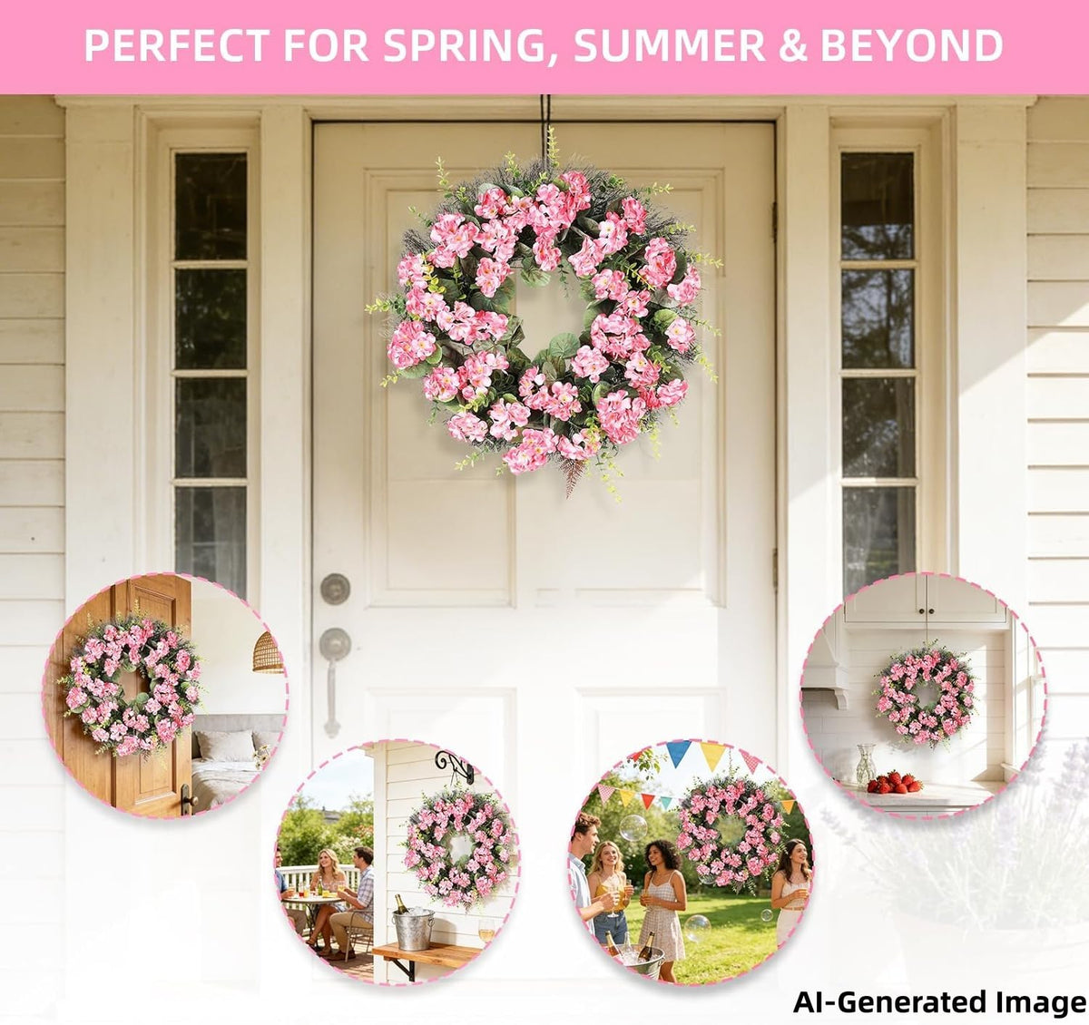 KuiMen Spring Summer Wreaths for Front Door 24 Inch Pink Artificial Geranium Wreath with Blessed Hanging Sign for Indoor and Outdoor Decor