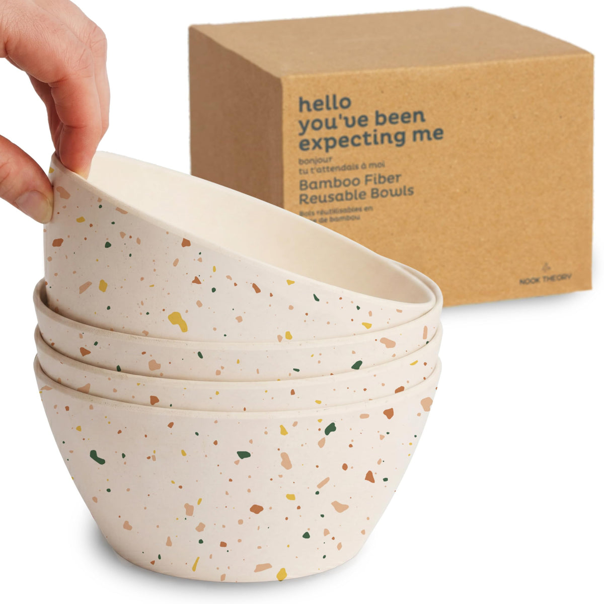 Nook Theory 4 Pack Bamboo Bowls - 22 Oz Reusable Toddler and Kids Bowl, Dishwasher Safe - Not Microwavable Bamboo Dishes (Celebration)