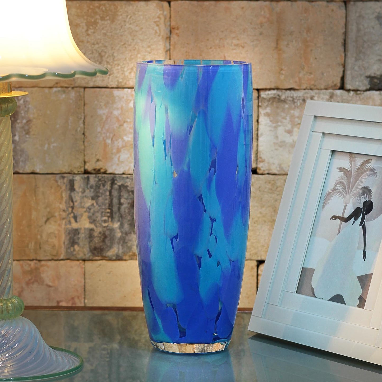 Ca D Oro Murano-Style Glass Vase Blue Confetti Effect Hand Blown Art Glass Crystal for Flower, Room Decoration and Centerpiece - Model AD3