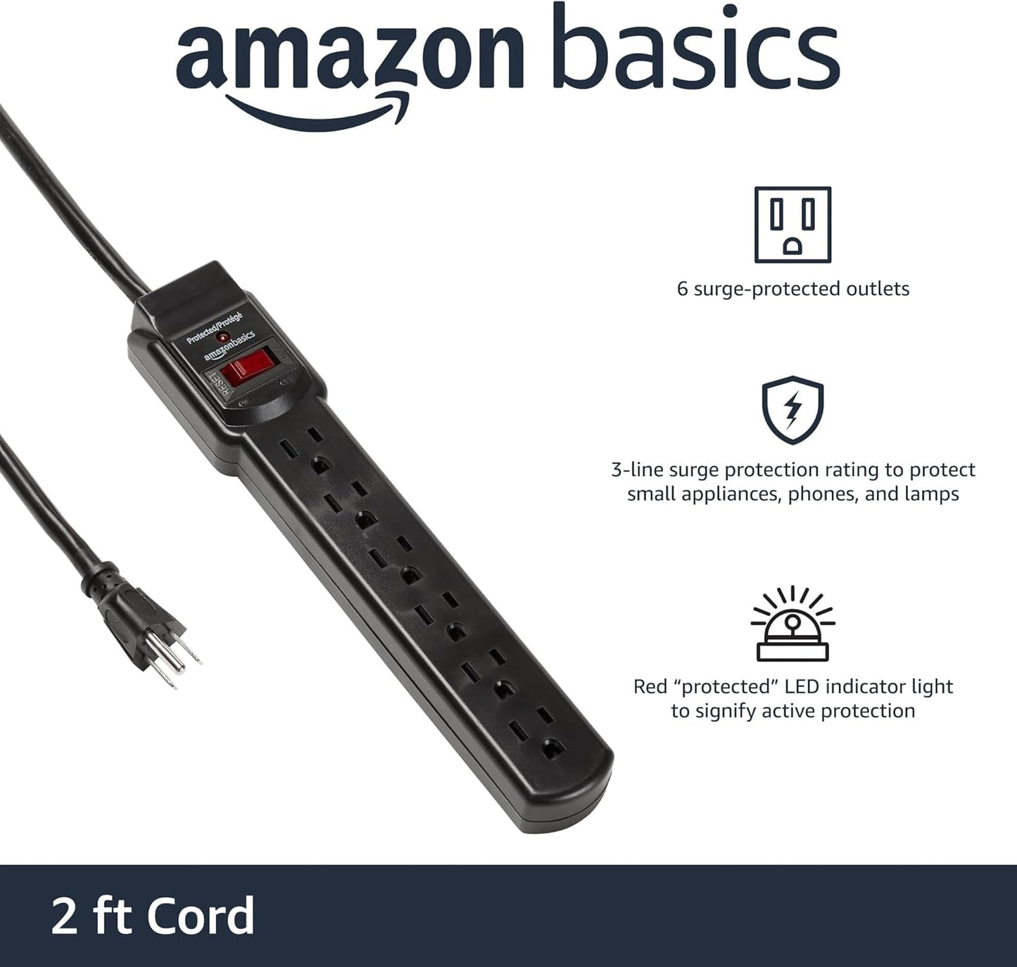 Amazon Basics Rectangle 6-Outlet, 600 Joule Surge Protector Power Strip, 2ft, Small, White, 2-Pack