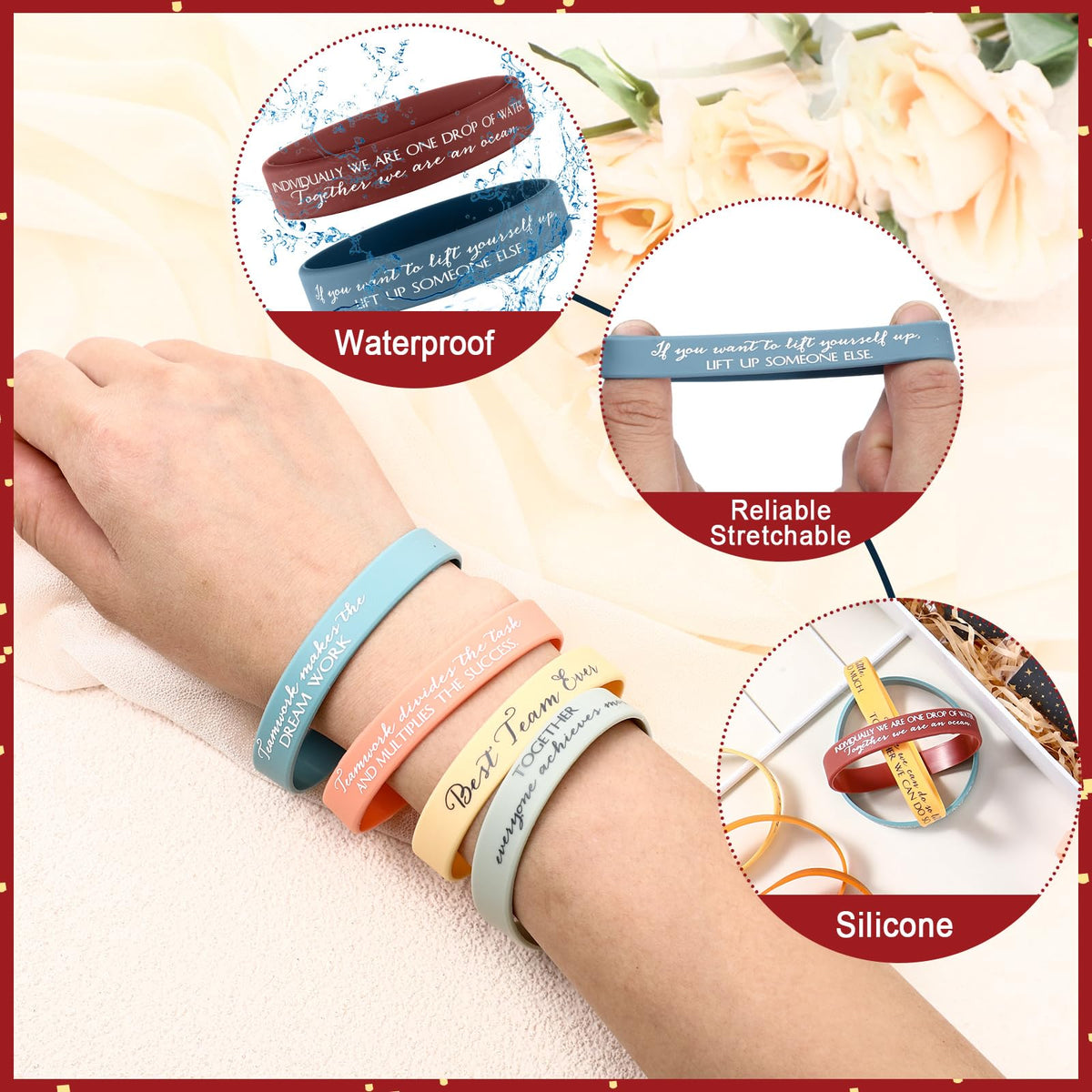 XunYee 48 Sets Team Appreciation Gifts for Employees Motivational Quote Silicone Bracelets Inspirational Card Office Gifts for Coworkers Staff Volunteer(Active Color)