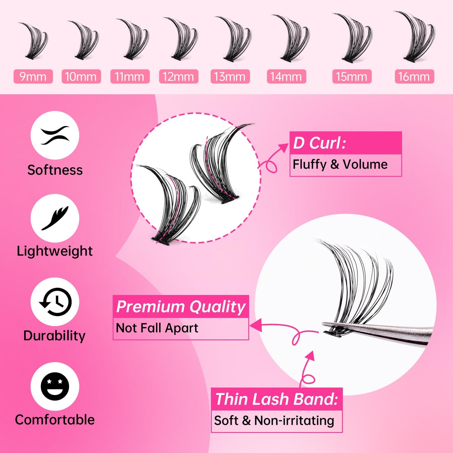 ESEENLO Lash Extension Kit, 320pcs DIY Eyelash Extension Kit 9-16mm Mix, 30D 40D Curl Individual Lash Clusters with Bond, Seal, Remover and Tweezers