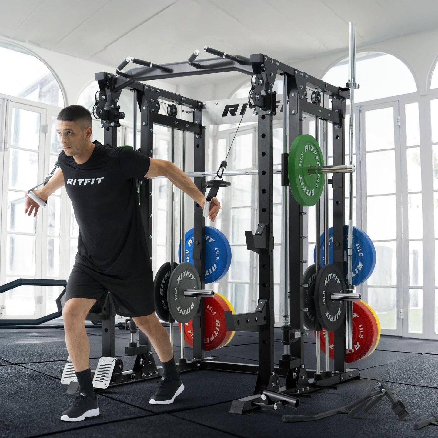 RitFit Buffalo Smith Machine, Power cage with LAT-Pull Down System & Cable Crossover System, All-in-One Squat Rack for Home Gym, Power Rack (Black, Buffalo)