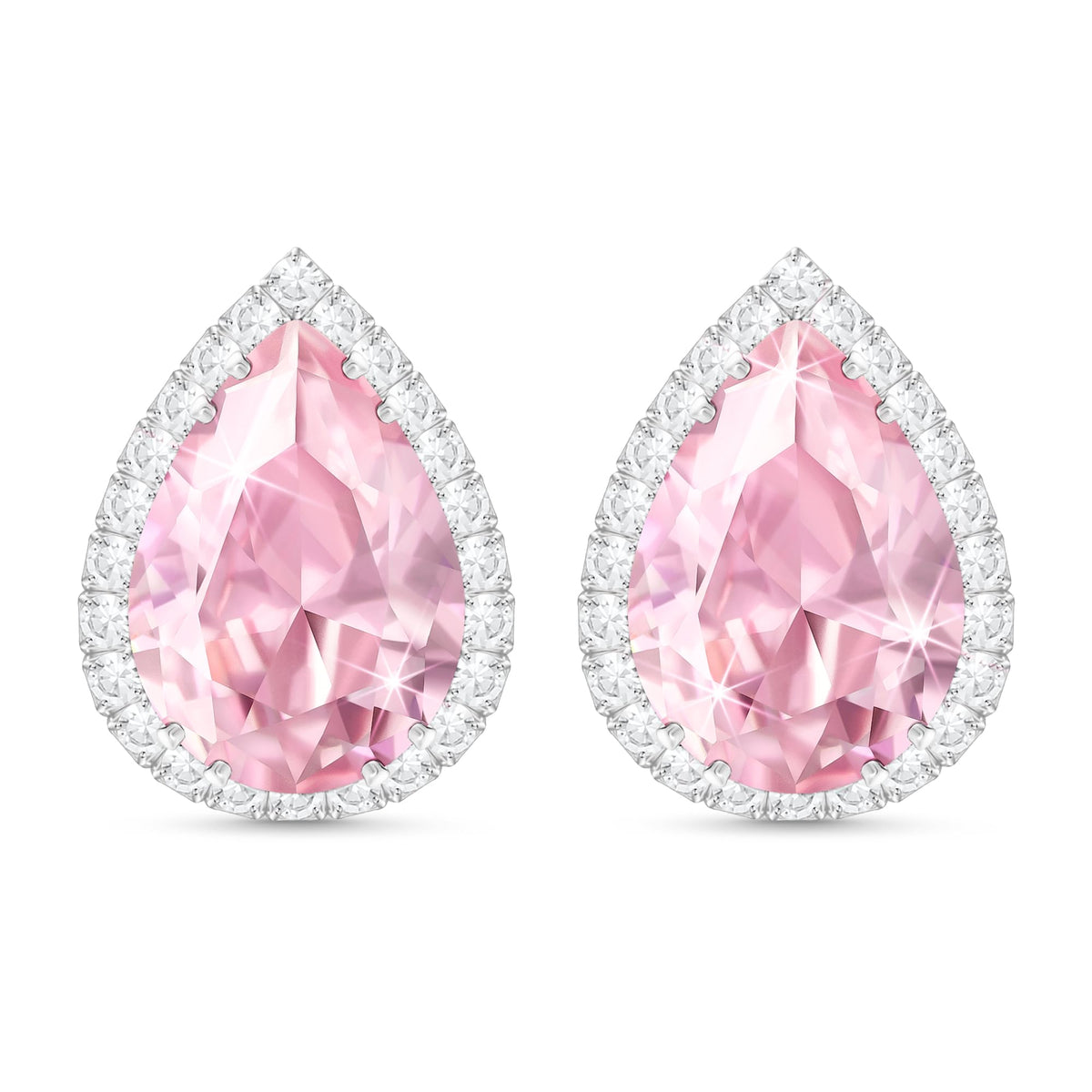 Linawe Pink Earrings Studs for Women, Silver Imitation Diamond Morganite Teardrop Cartilage Stud Earrings Set, Wedding Bridal Iridescent Rhinestone Crystal Sparkly Bridesmaid Jewelry