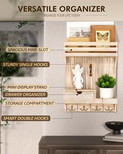 Rebee Vision Decorative Key Holder Wall Mount with Mini Drawer Organizer - Farmhouse Key Holder for Wall with Mail Organizer & 9 Key Hooks - Ideal Room Decor Aesthetic (Natural Wood)