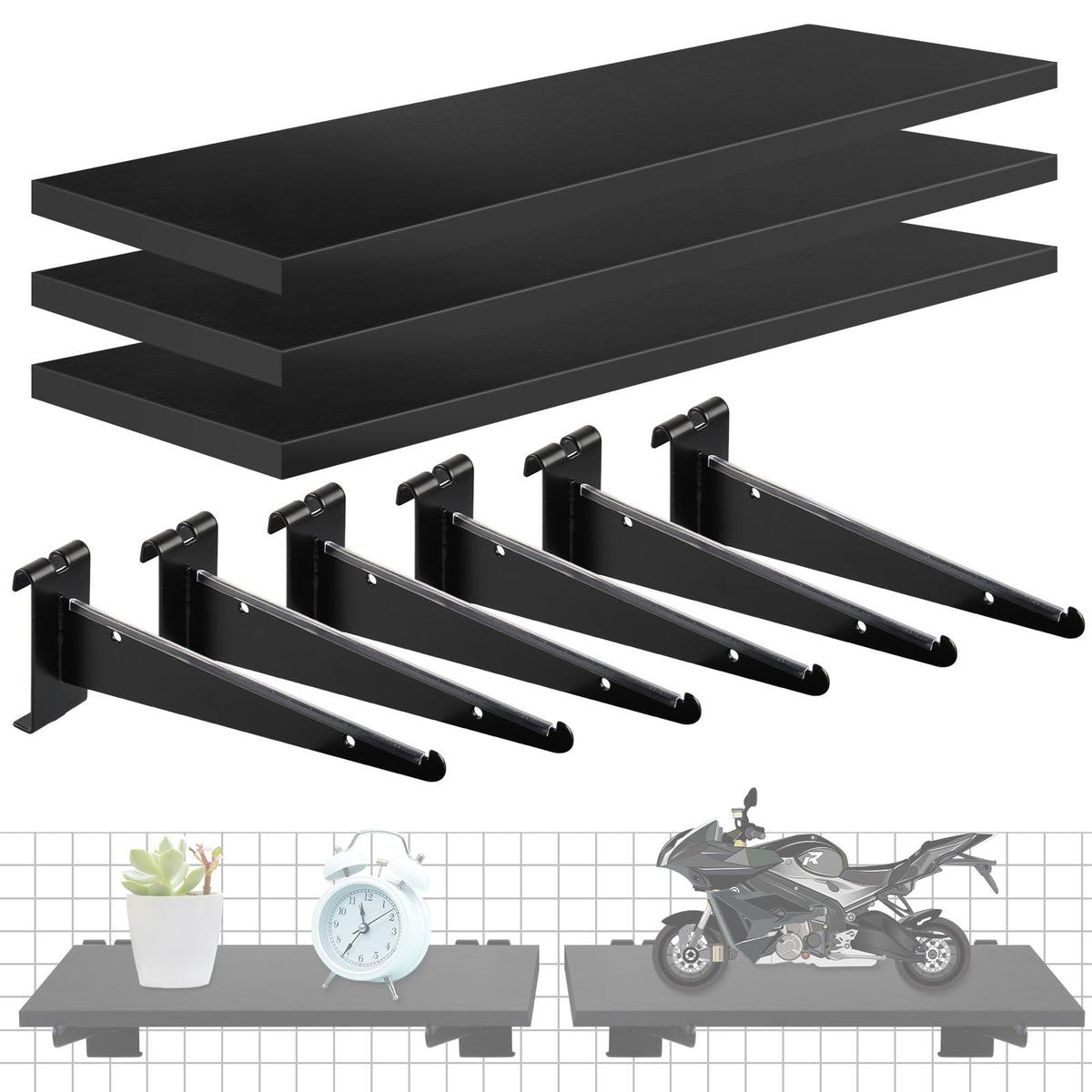 Alffun 3 Pcs Gridwall Shelf with Metal Brackets, 16"x 6" Wooden Gridwall Shelves Heavy Duty Gridwall Shelving Organizer Accessories for Garage, Visualizer, Workbench and Bitchenette