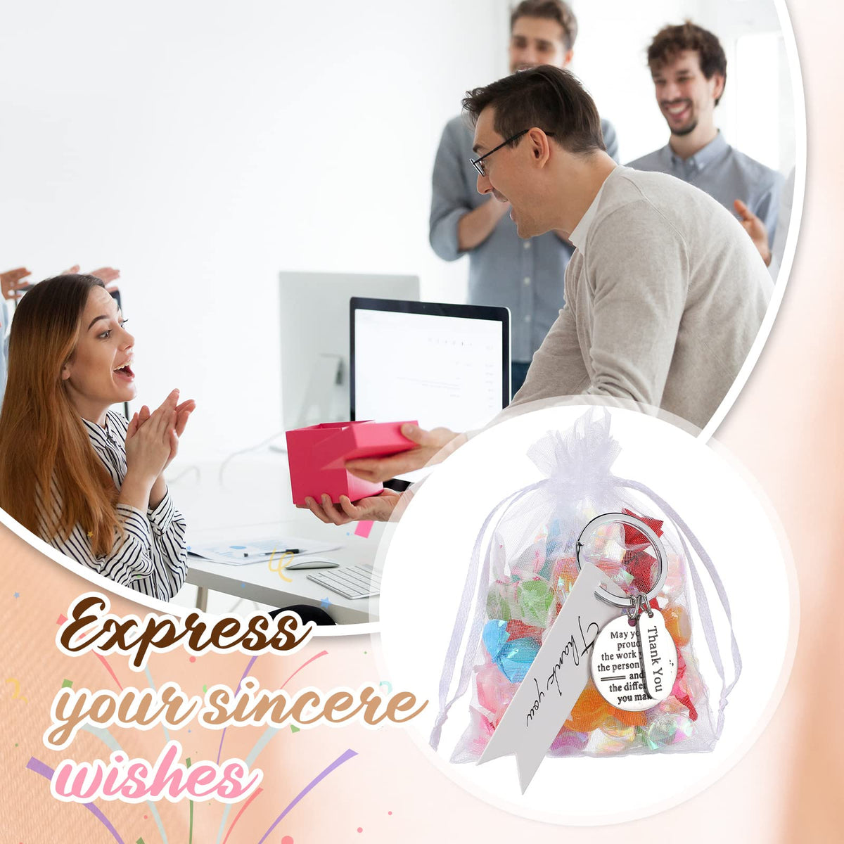 Yinkin 36 Pcs Employee Appreciation Gifts Bulk for Coworkers Keychains Organza Bags with Cards for Staff Graduation Favors(Silver)
