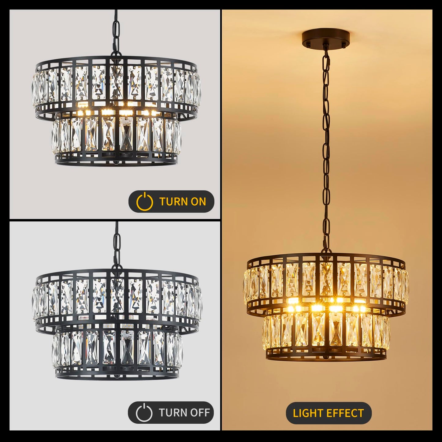 Tunkayli 15.7" Chandeliers for Dining Room, Modern Black K9 Luxury Crystal Chandelier, 4-Light 2-Tier Drum Farmhouse Lighting Fixture for Kitchen Island Living Room Entryway Bedroom Foyer