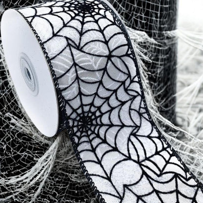 Designer’s Shop Halloween Wired Edge Ribbon 2.5” x 10 Yard for DIY Crafting, Home Décor (Spider Web- Black-White) WR 63-5113 Black Spider Web on White Satin Ribbon