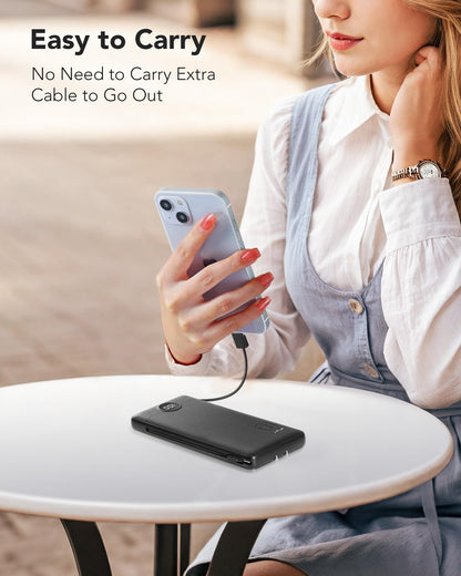 VRURC Portable Charger Built-in Cables and AC Wall Plug, USB C Power Bank 10000mAh, Travel Essentials Phone Charger Compact Lightweight External Battery Pack for Smart Phones, Tablets etc-Pink
