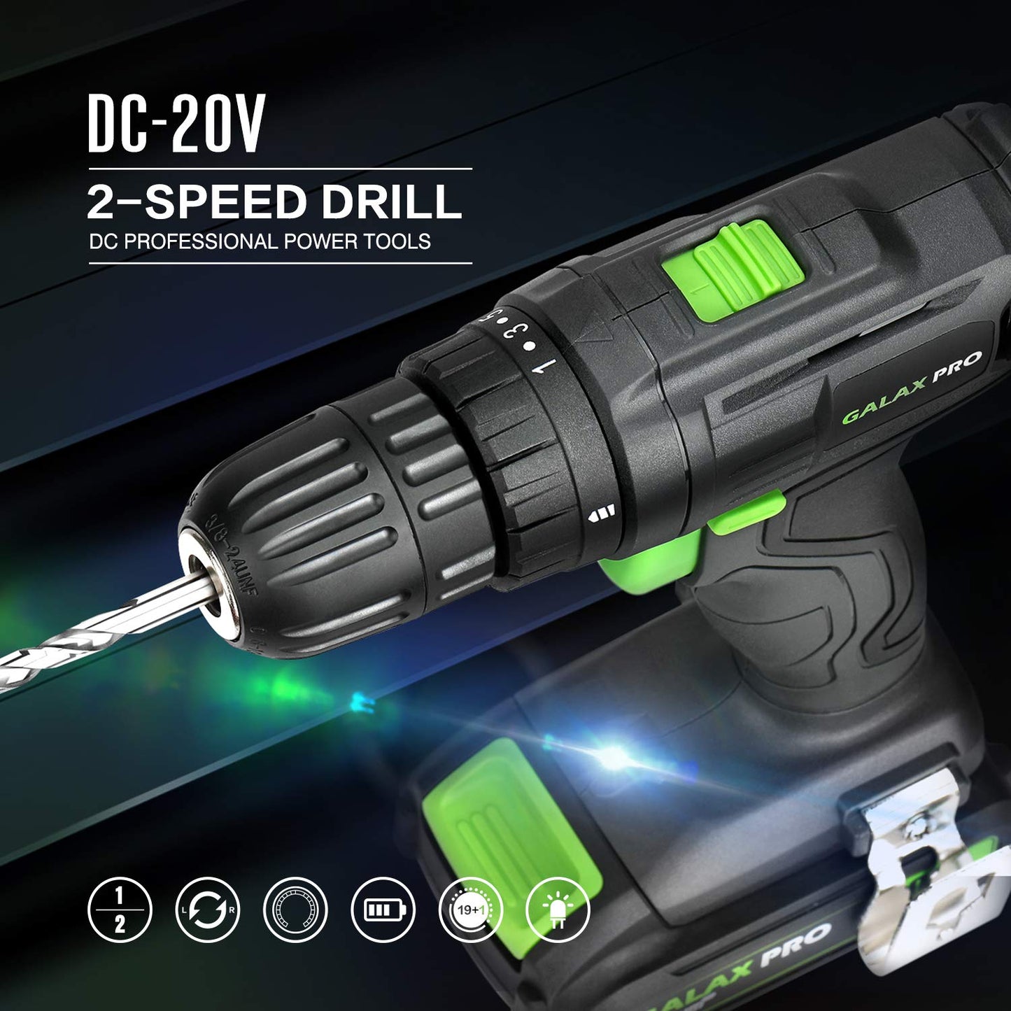 GALAX PRO D6001 20V 2-speeds Drill Driver and Impact Driver Combo Kit, Cordless Drill Driver/Impact Driver, 1pcs 1.3Ah Lithium-Ion Batterie, Charger Kit, 11pcs Accessories and Tool Bag
