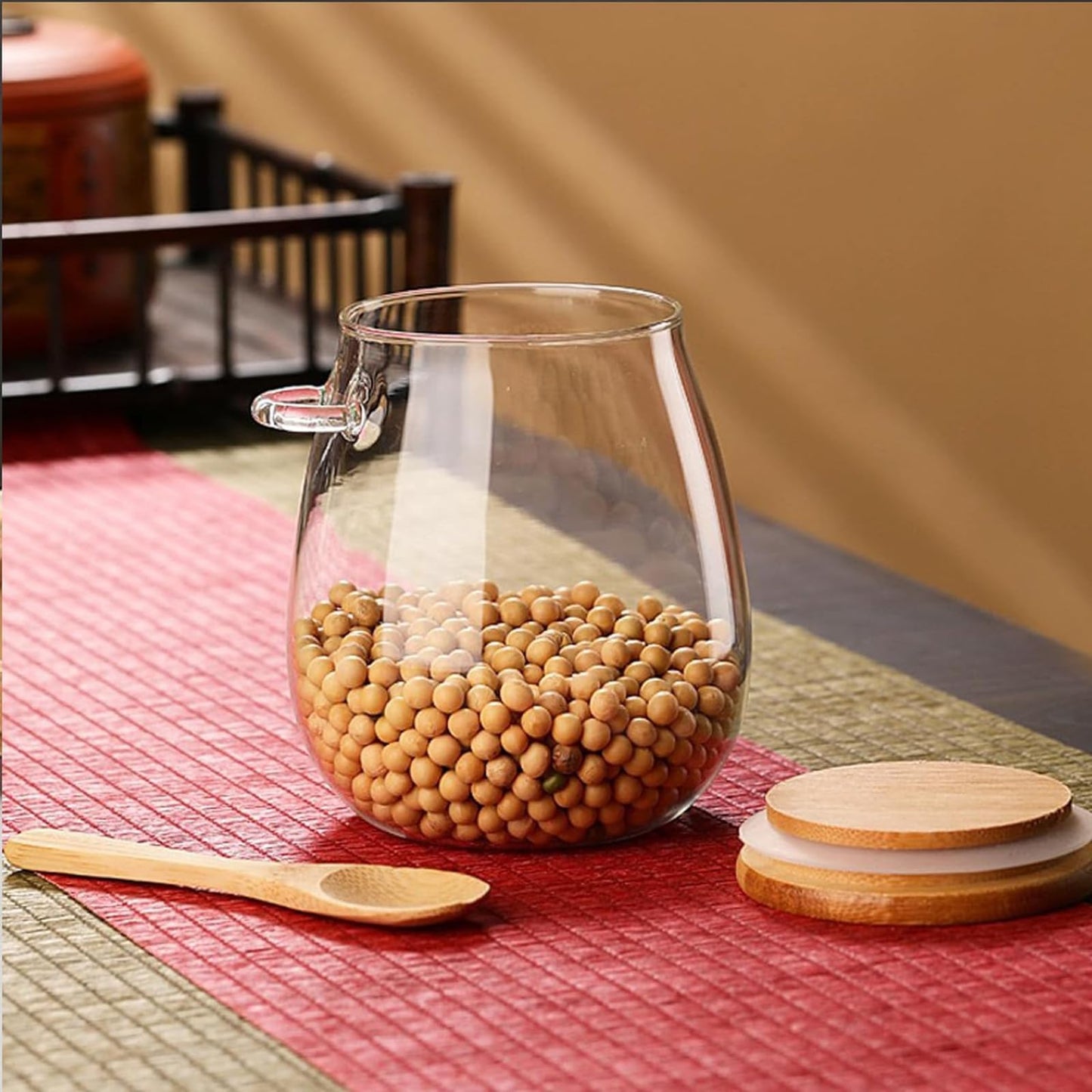 DNIENKGE Airtight glass jar storage container with bamboo lid Set of 4, wide mouth, leak-proof, With a spoon, can be used for coffee beans, tea leaves, grains, dried fruits, etc (Small*4pcs)