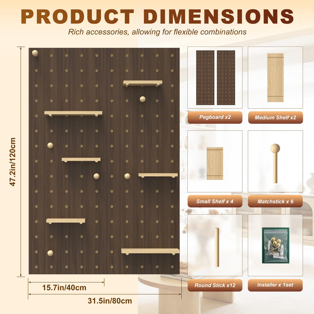 Wooden Pegboard Wall Organizer Kit, Modular DIY Peg Board Panels with Hooks, Pegboard Storage System Combination Set for Garage Office Craft Room Bedroom Kitchen, Living Room (Brown, 80X120CM)
