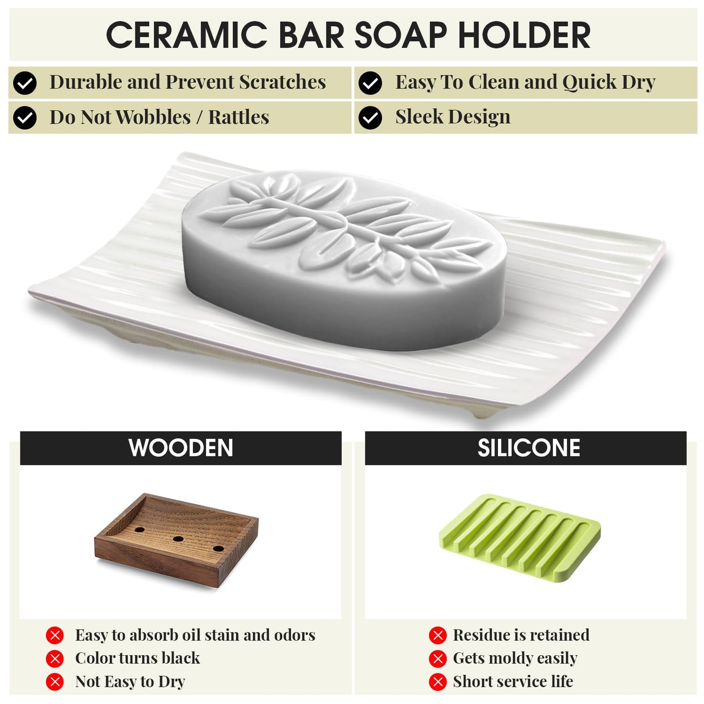 Modern Zen White Soap Dish - 4.9 x 3 Inches - Durable Ceramic Bar Soap Holder with Soap Saver Ridges, Non Slip Feet - Soap Dish for Shower, Bathroom and Kitchen