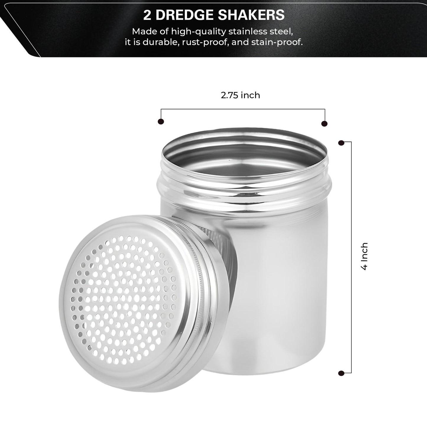 OCS Parts Set of 2 Stainless Steel Dredge Shakers | Without Handle | 10 Ounce Stainless Steel Salt, Pepper, Powdered Sugar an Spice Shakers for Home and Commercial Kitchens