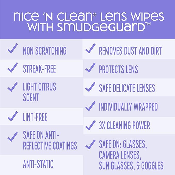 Nice 'N CLEAN SmudgeGuard Lens Wipes | Individually-Wrapped, Pre-Moistened