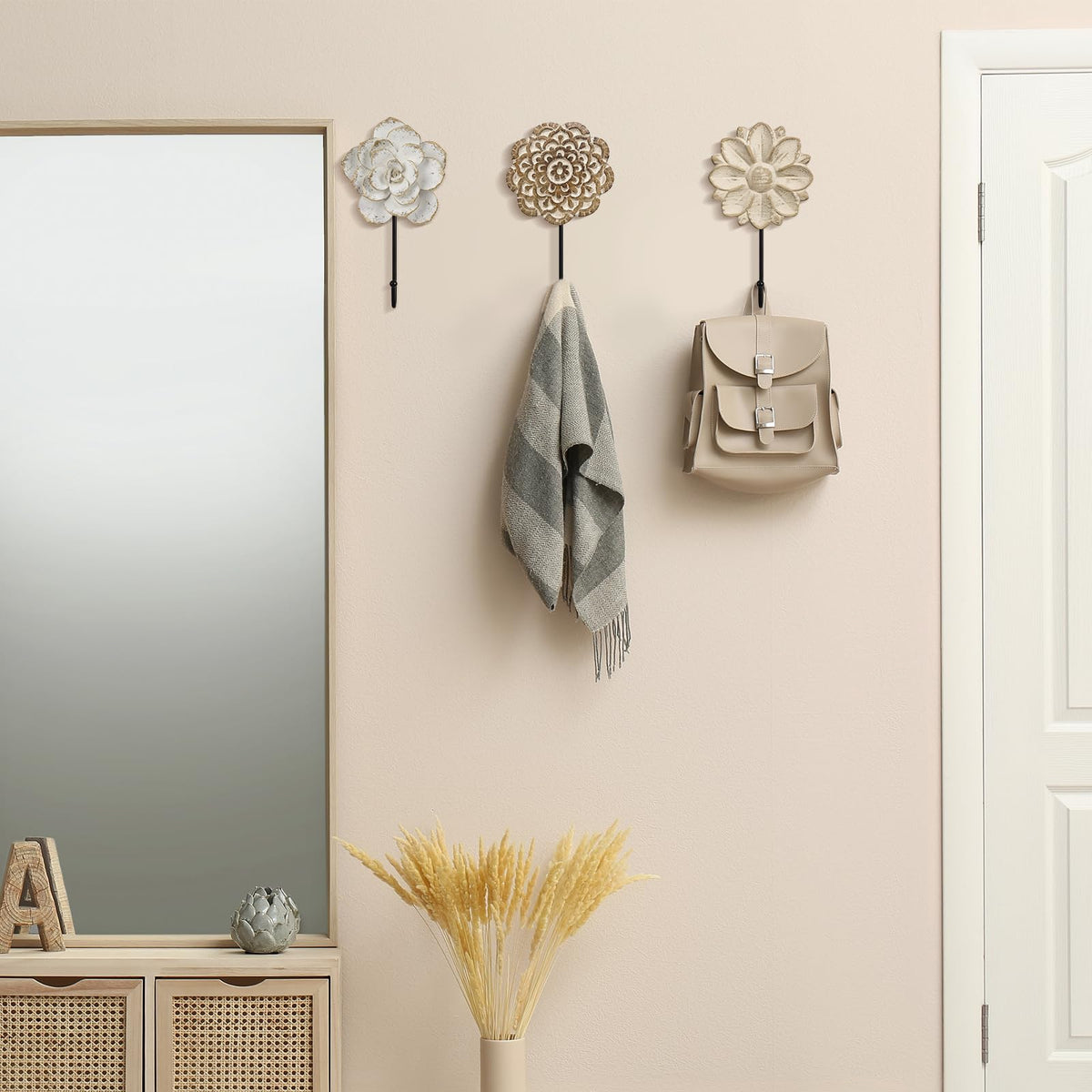 Bucherry 3 Pcs Large Decorative Flower Wall Hooks 8.27inch Boho Coat Hooks Decorative Hangers for Clothing Towels Bags Bathroom Home Decoration Warming Gifts