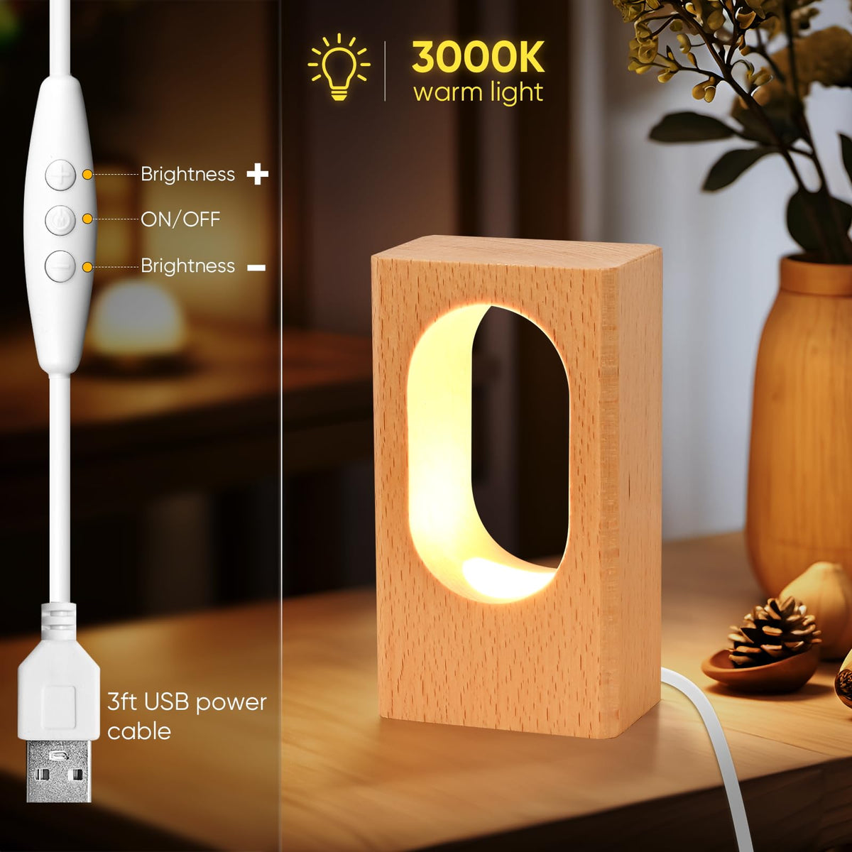 YIEONSHION LED Wood Desk Lamp, Dimmable Bedside Night Light for Bedroom, Creative Wooden Table Lamp, Warm Ambient Lighting, Unique Home Decor & Housewarming Gift