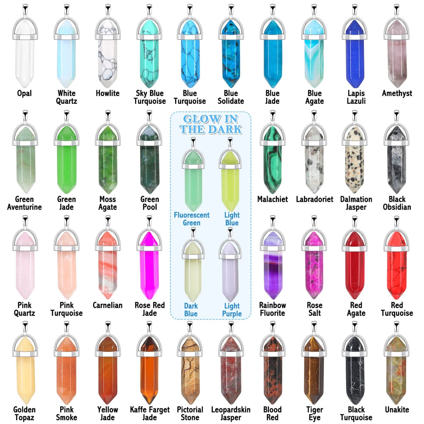 ROADPLUM 40Pcs Healing Crystal Pendants, Glow in the Dark Gemstones Charms Quartz Stone, Hexagonal Crystals Pointed Chakra, Natural Crystal Necklace Pendants for Jewelry Making with Storage Box