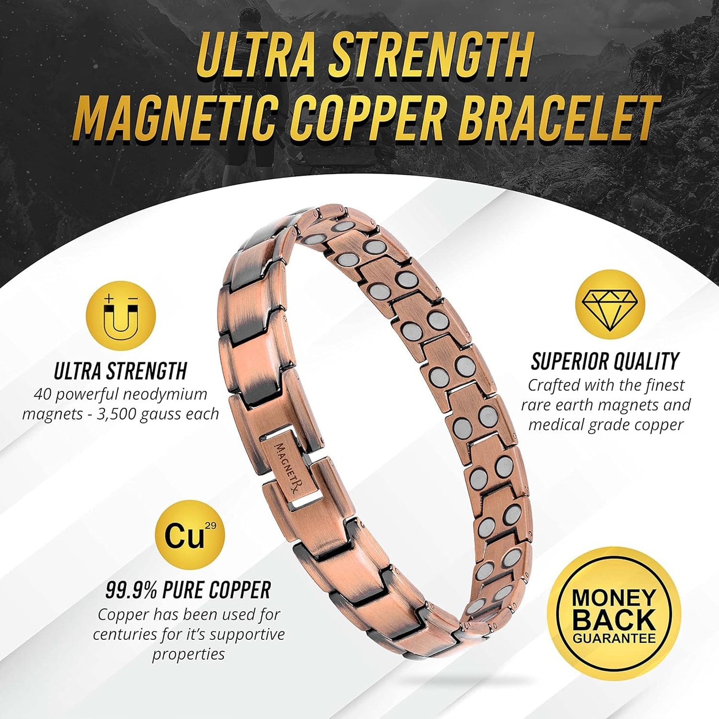 MagnetRX® Pure Copper Magnetic Bracelet - Magnetic Copper Bracelets for Men - Adjustable Length with Sizing Tool (Leo Style)