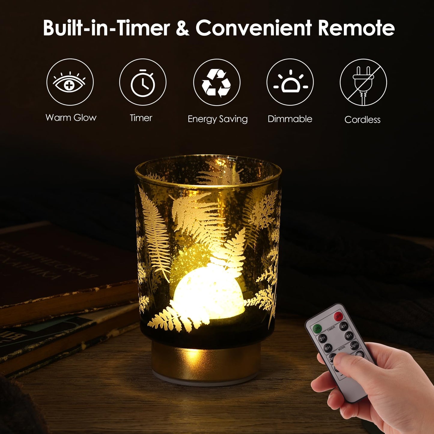 Eywamage Small Battery Operated Glass Table Lamp, Boho Green Ferns Mood Light with Remote, Cordless Bedside Accent Lamp Room Decor