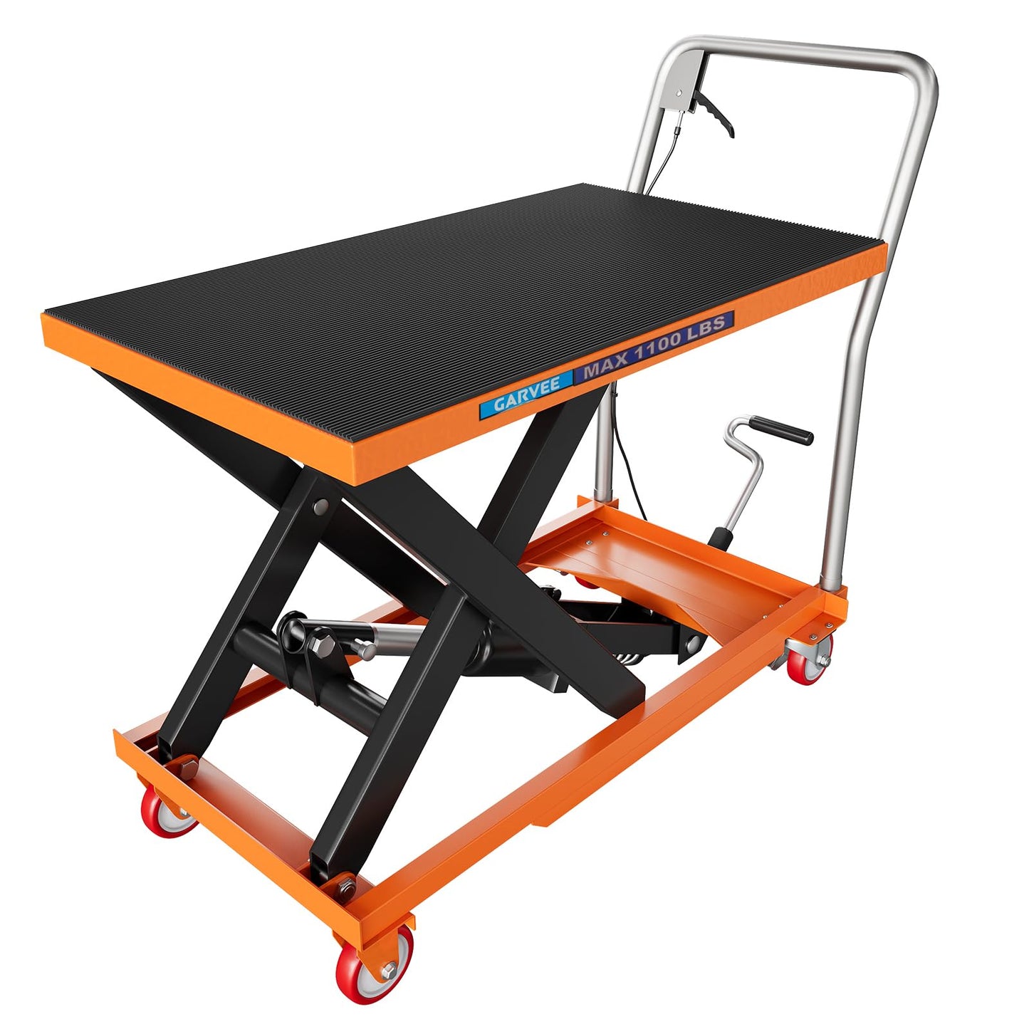 Garvee Hydraulic Lift Table Cart, 1100lbs Capacity 32" Lifting Height, Manual Single Scissor Lift Table with 4 Wheels and Non-Slip Pad, Hydraulic Scissor Cart for Material Handling, Orange