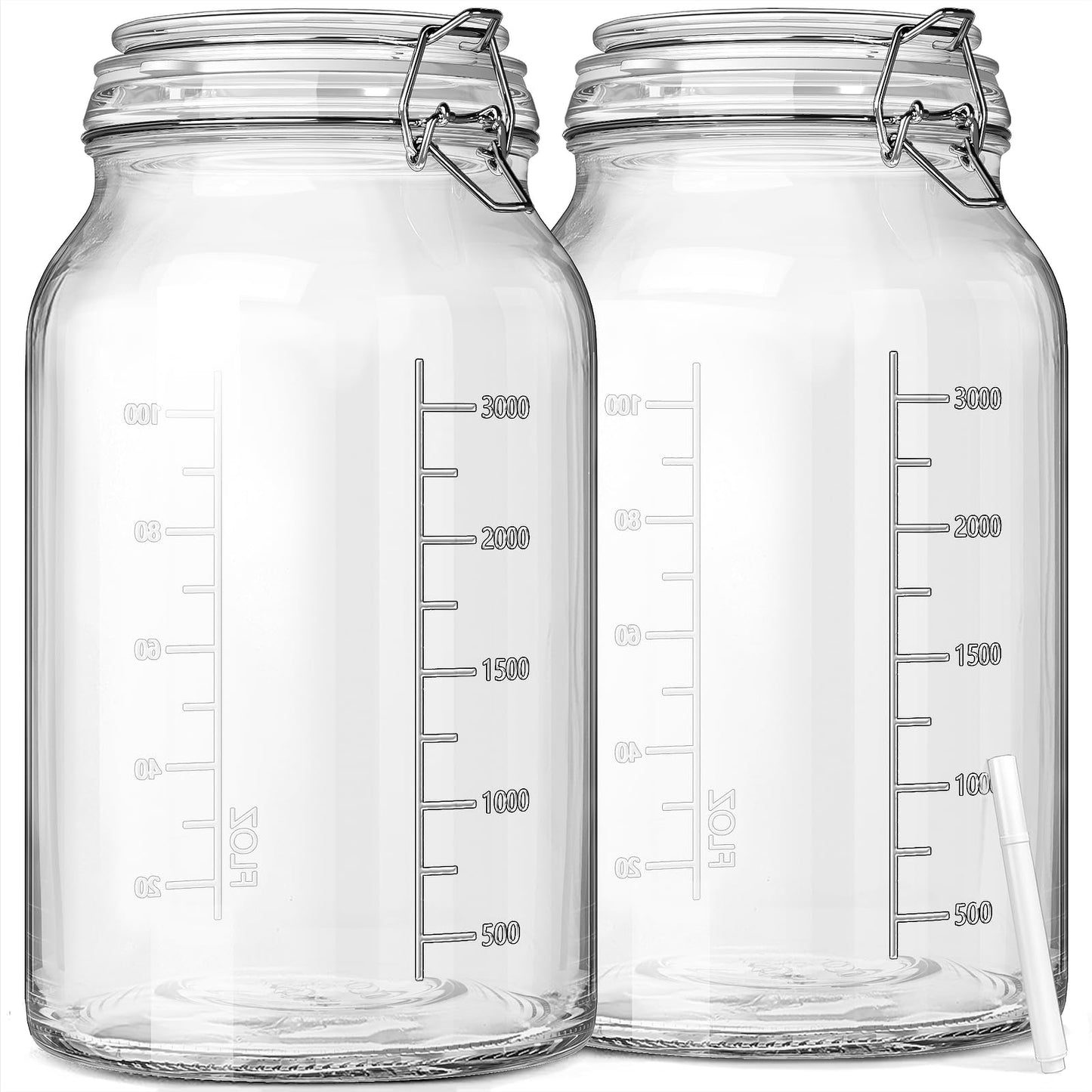 1 Gallon Super Wide Mouth Glass Storage Jars with Airtight Lids and 2 Measurement Marks, Leak Proof Glass Container with Hinged Lids, Large Pickle Jars with Labels and Silicone Gasket, 2 Pack