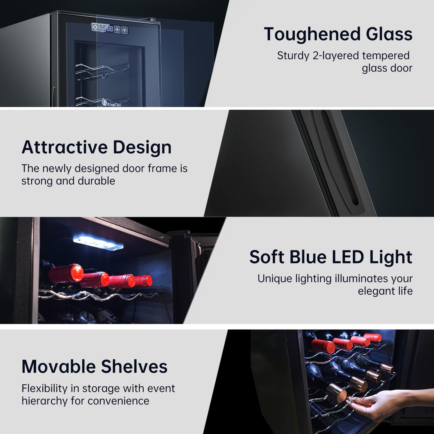 KingChii 18 Bottle Wine Cooler, Freestanding Wine Fridge with Glass Door, Adjustable Shelves & Digital Temperature Display Wine Refrigerator for Red, White, Champagne - Perfect for Home, Kitchen, Bar