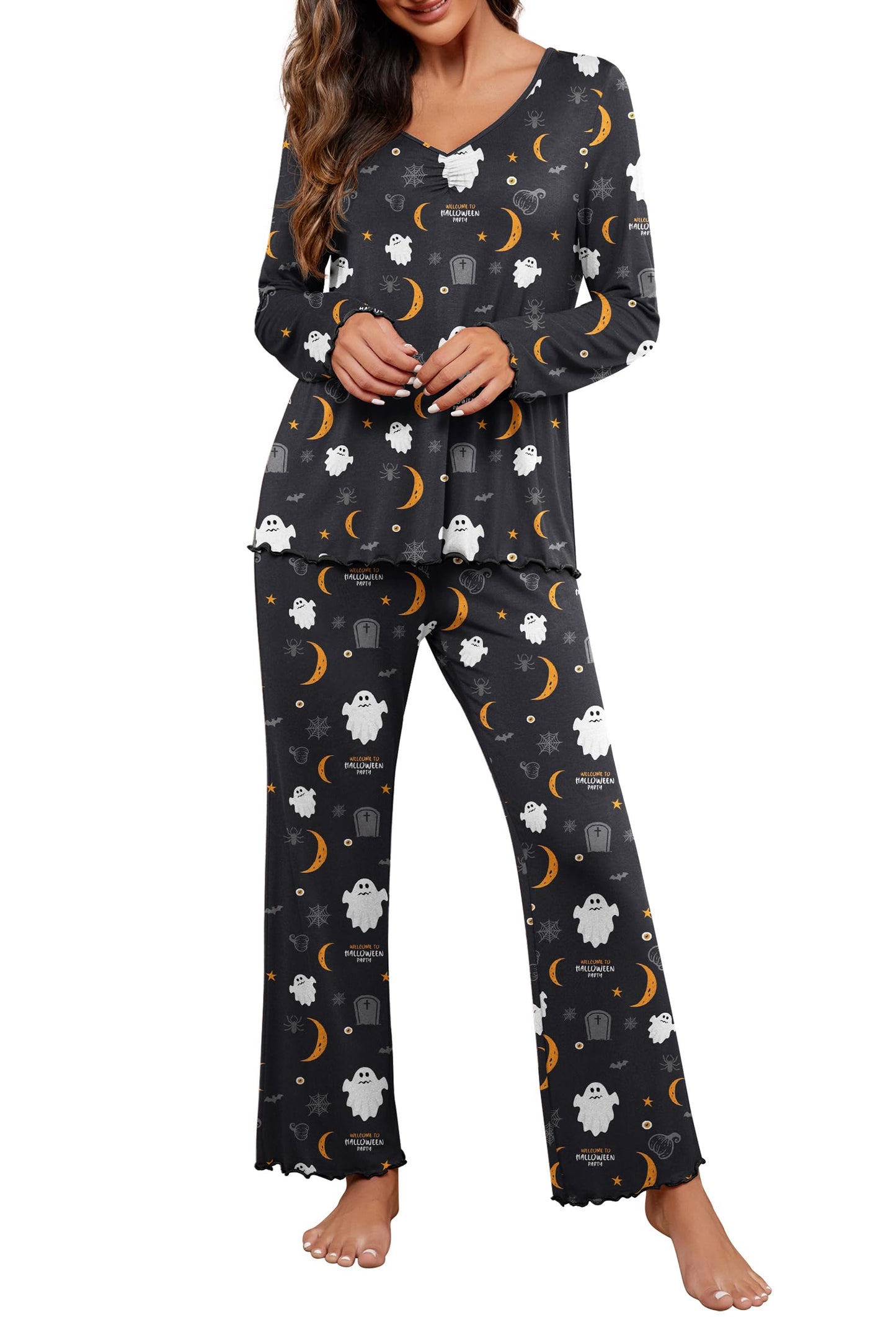 PrinStory 2025 Women's Pajama Set Long Sleeve Sleepwear Ladies Lounge Set Soft Pjs Loungewear FP-Black Moon Ghost-S