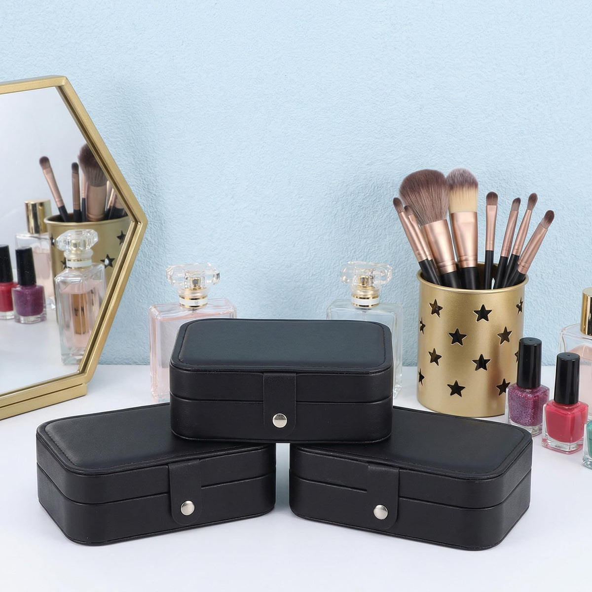 Lemecima Travel Jewelry Box, 6PCS Stud Earrings Organizer Case, Double Layer PU Leather Mini Jewelry Storage Display Holder for Rings Necklaces Bracelets, Portable Gift for Women Girls
