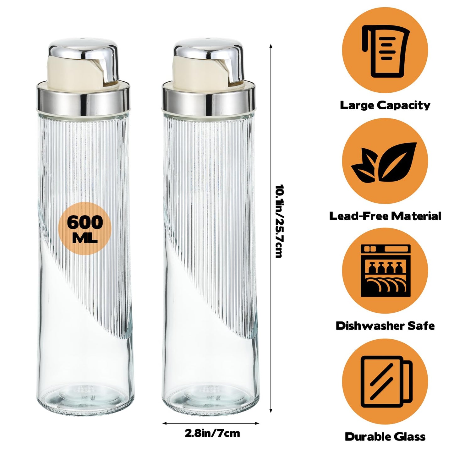 2 PCS 20 OZ Large Glass Sugar Dispenser with Pour Spout Large Capacity Glass Jars for Sugar Coffee Sugars Container Non-slip Ribbed Design Food-Grade for Salt Tea Coffee Station Kitchen Baking, Silver