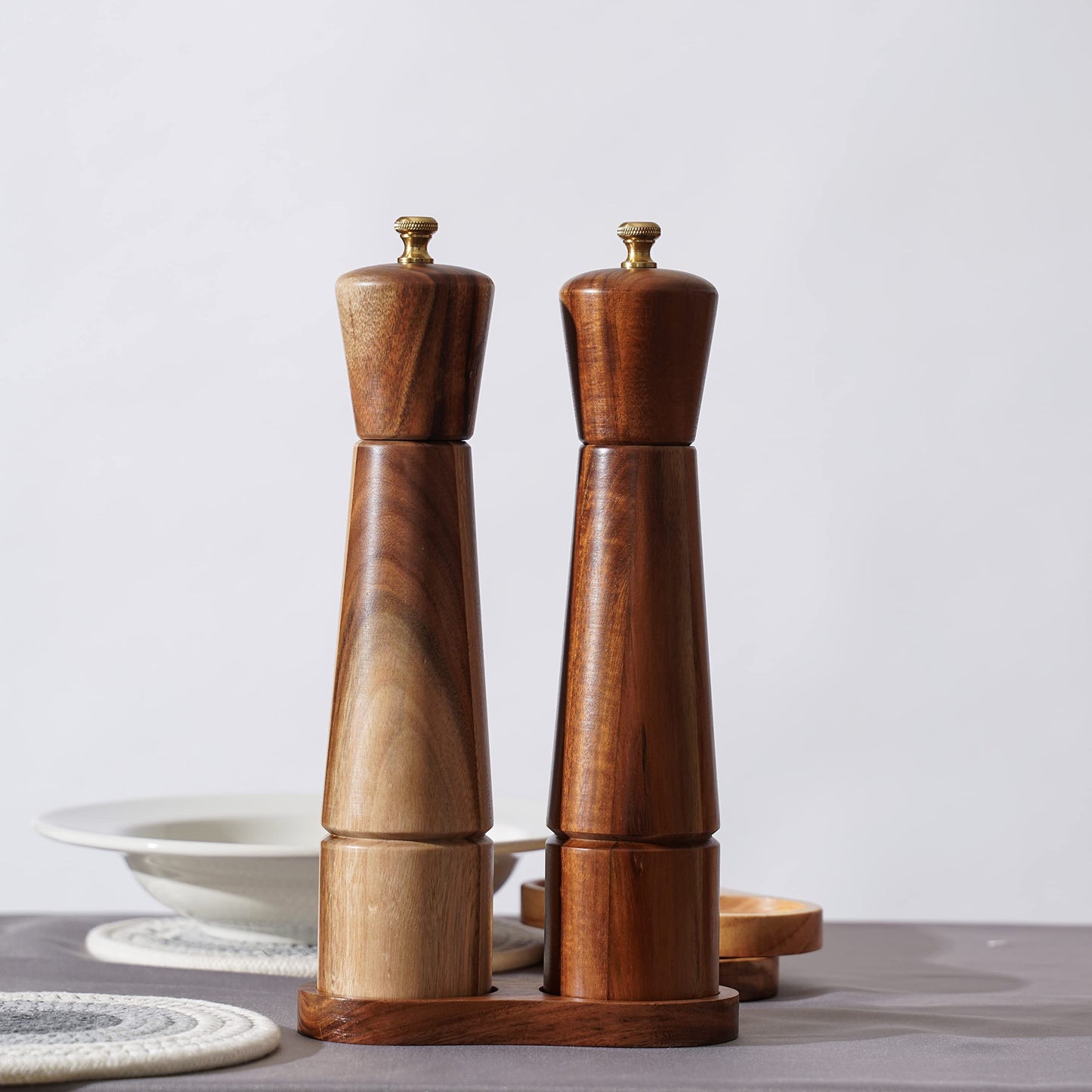 DeroTeno Salt and Pepper Mill Set with Tray, Adjustable Ceramic Grinder Salt Mill, Stainless Steel Grinder Pepper Mill, Acacia Wood, 27 cm / 10 inch Height, Bottom Dia 6 cm (Tray is Included)