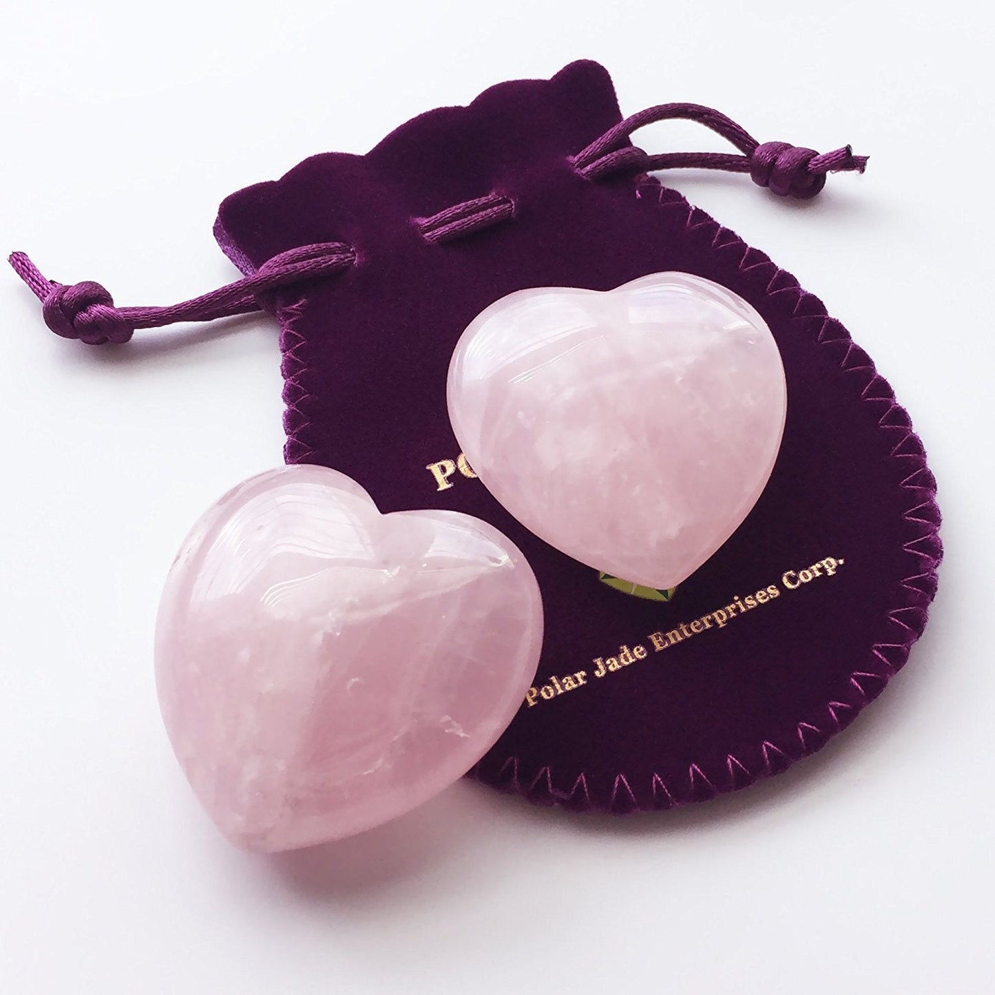 Polar Jade Set of 2 Hand-Carved Rose Quartz Puffy Hearts – 100% Natural Healing Crystals for Chakra Energy, Meditation, Massage, and Home Decor