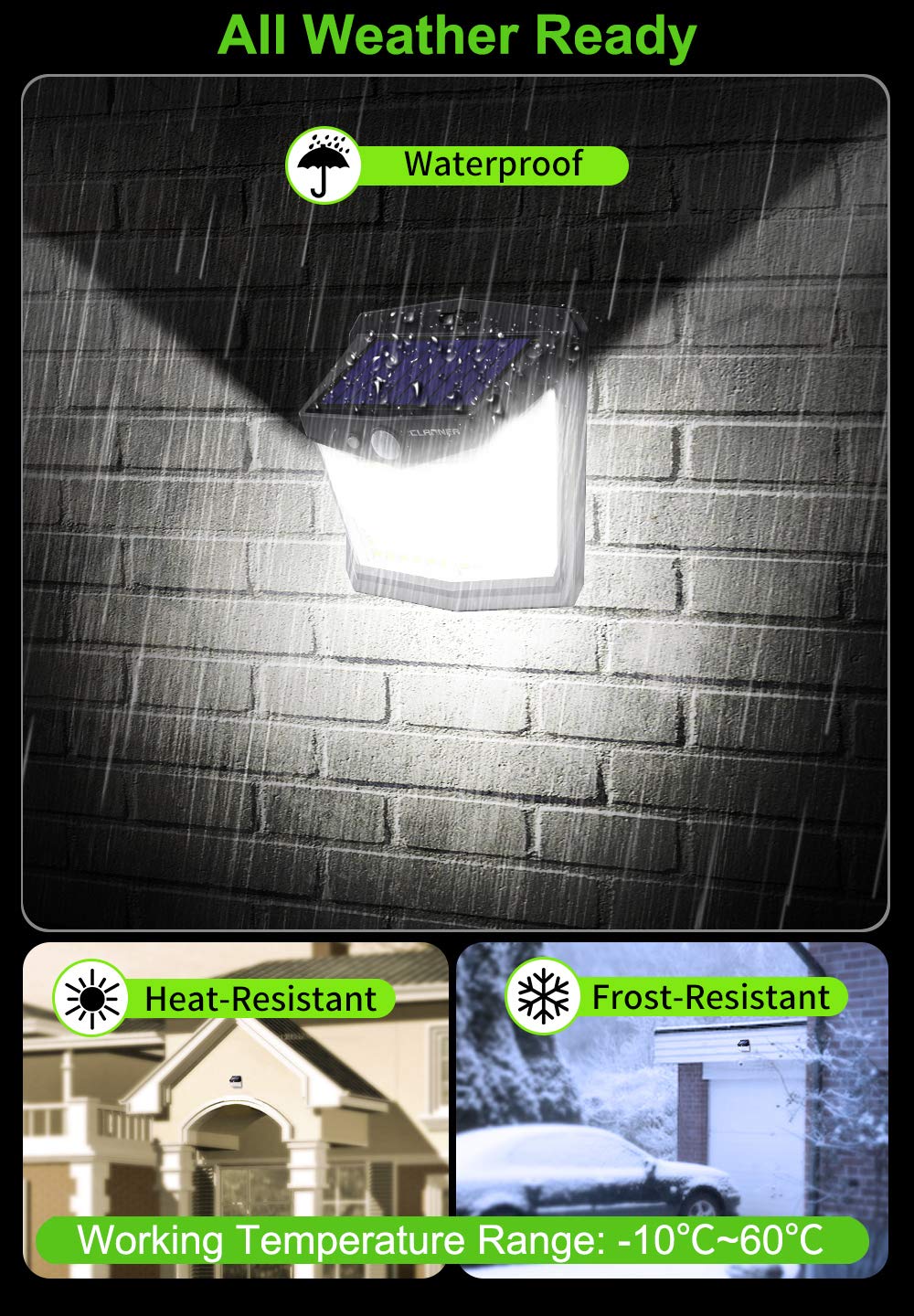 CLAONER Solar Powered Lights Outdoor, Upgraded Wireless 270° IP65 Solar Motion Sensor Security/Wall Light for Front Door, Yard, Garage, Garden, Fence, Cool White (2 Pack)