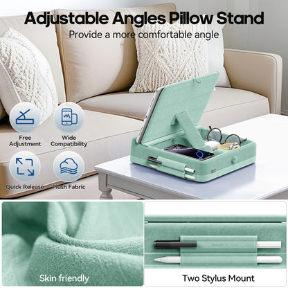 KDD Tablet Pillow Stand with Storage, Foldable iPad Holder for Bed, Lap and Desk, Angle Adjustable Soft Pad Dock with Stylus Mount Compatible with iPad Pro 12.9, 11, Air, Mini, Phones, Books (Green)
