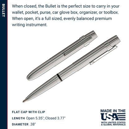 Fisher Space Pen Chrome X-Mark Flat Cap Bullet Pen, Pressurized Ballpoint Pen, Compact Size, Writes Upside Down, Extreme Temperatures, Black Ink, Medium Point, Pocket Clip, Gift Box, Made in the USA