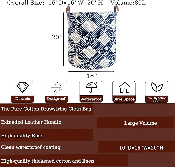 80L Waterproof Laundry Hamper in Family Leather Handle Laundry Basket in