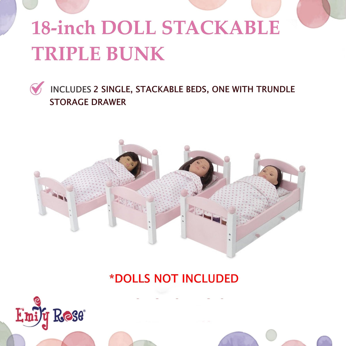Emily Rose 18" Doll Triple Bunk Bed Set - 3 Stackable Beds with Bedding (Pillow, Mattress Blanket) & Storage Drawer | American Girl Compatible | Ages 5+