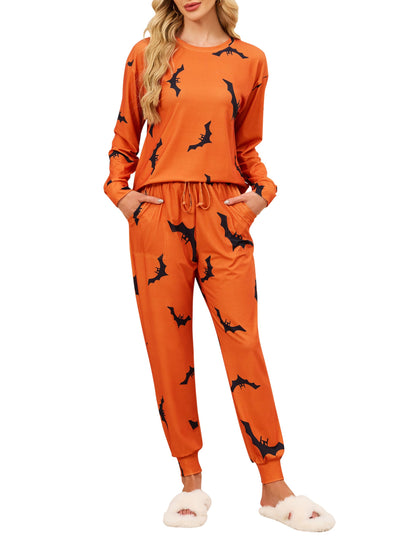 Blooming Jelly Womens Cute Pajama Sets Bat Long Sleeve Halloween Pjs Drawstring Lounge Sets 2025 (M, Orange)