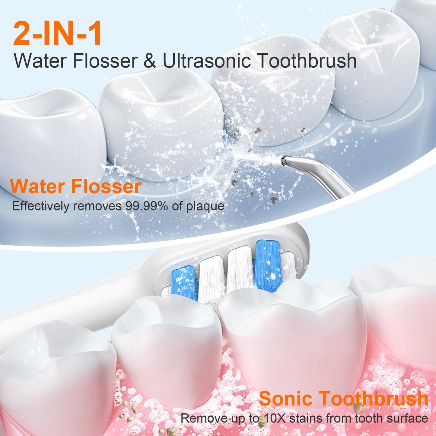 H2ofloss Sonic Electric Toothbrush and Water Flosser Combo, Rechargeable 2000mAh Toothbrush and 2500mAh Oral Irrigator with 300ml Tank, 4 Brush Heads, 5 Nozzles, 2 in 1 for Home and Travel (Black)
