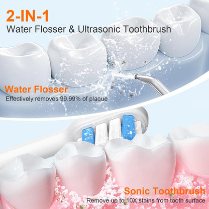 H2ofloss Sonic Electric Toothbrush and Water Flosser Combo, Rechargeable 2000mAh Toothbrush and 2500mAh Oral Irrigator with 300ml Tank, 4 Brush Heads, 5 Nozzles, 2 in 1 for Home and Travel (Black)