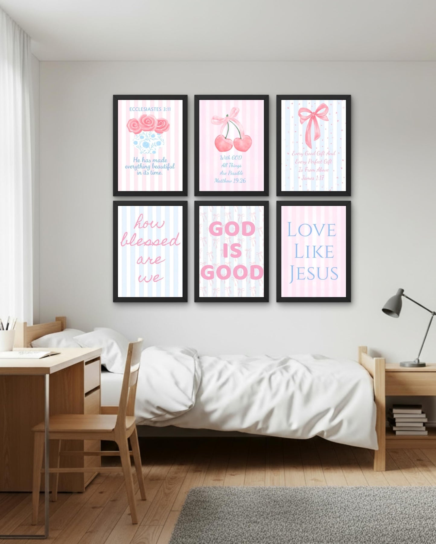 Coquette Pink & Blue Bow Wall Art Decor Posters - Blue & Pink Bow Christian Room Bedroom Bathroom Dorm Wall Art - Christian Inspirational Bible Verses - For College Teen Girls & Boys Gifts- Set Of 6 Pieces 8 x 10 Inch (UNFRAMED)