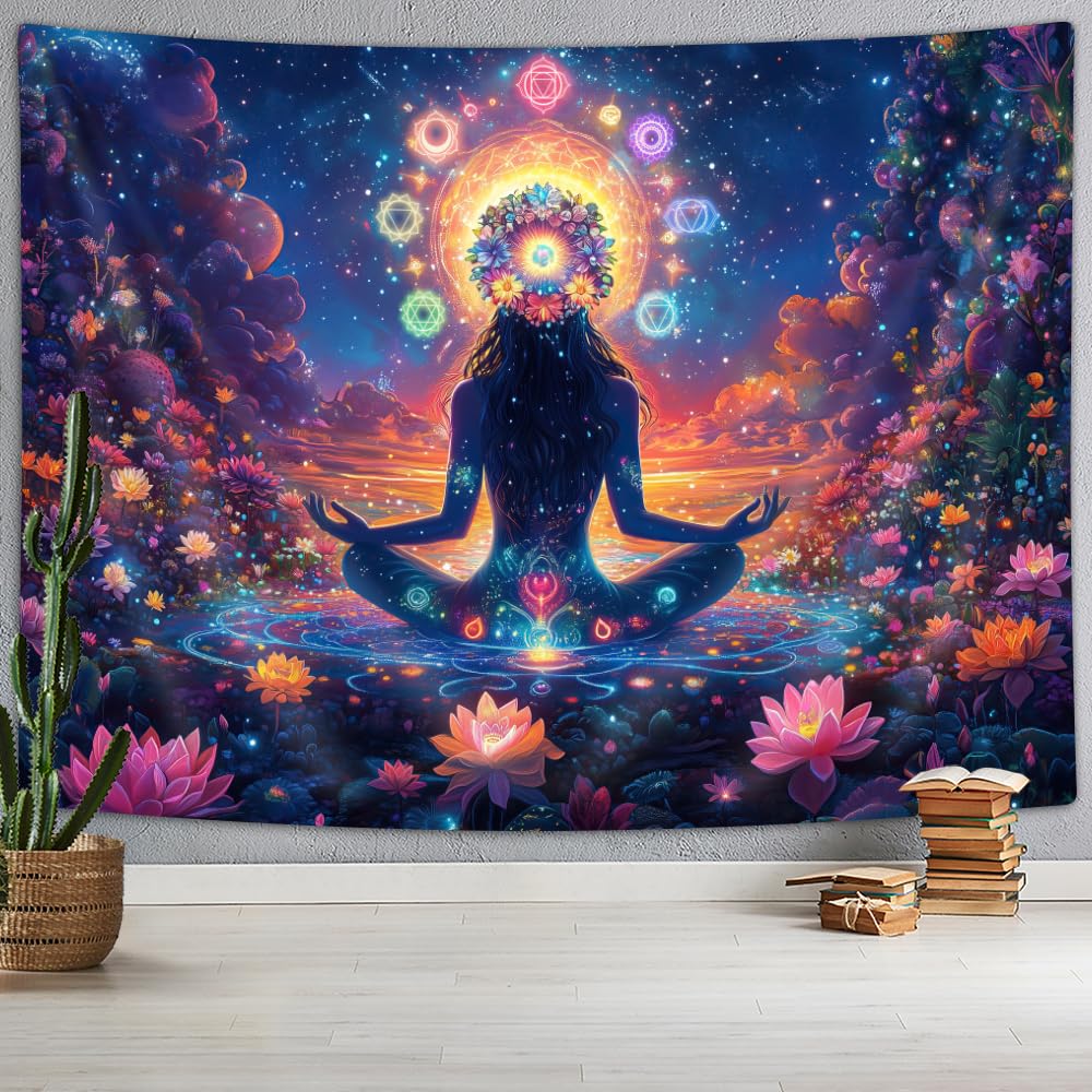 DYNH Chakra Tapestry,Yoga Meditation Wall Hanging,Psychedelic Hippie Galaxy Space Lotus Spiritual Tapestries Zen Room Decor for Bedroom Living Room,60X40IN