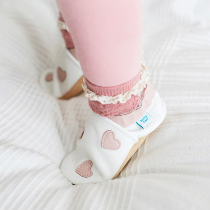 Dotty Fish Girls Soft Leather Baby and Kids Barefoot Shoes. Non-Slip Suede Soles. Elasticated Ankles, Podiatry Approved, Breathable, Lightweight & Flexible - White & Pink Hearts 12-18 Months