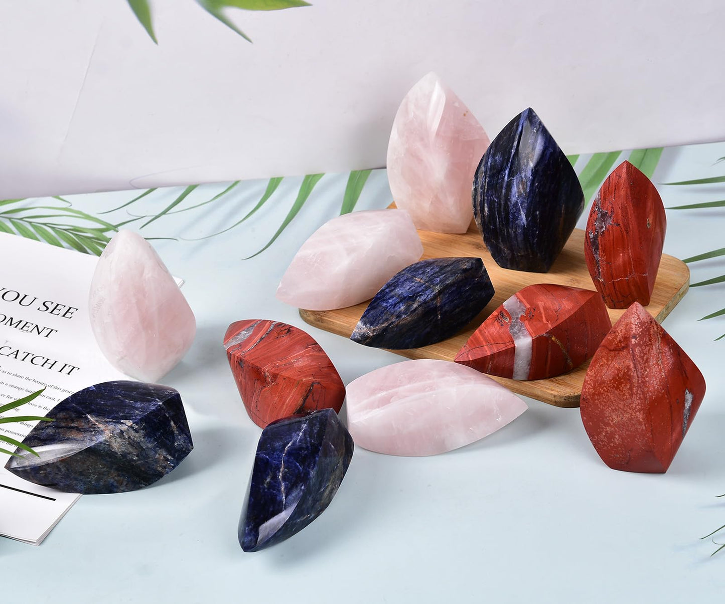 JIC Gem Rose Quartz Crystal Tower 4 Sides Spiral Obelisk Natural Healing Crystal Point Reiki Energy Decoration 0.6-1.1 Lbs