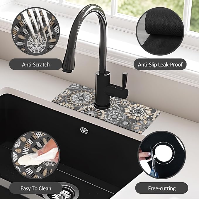 15" X 5.5" Kitchen Sink Splash Guard Faucet Mat Mandala Super Absorbent Fast