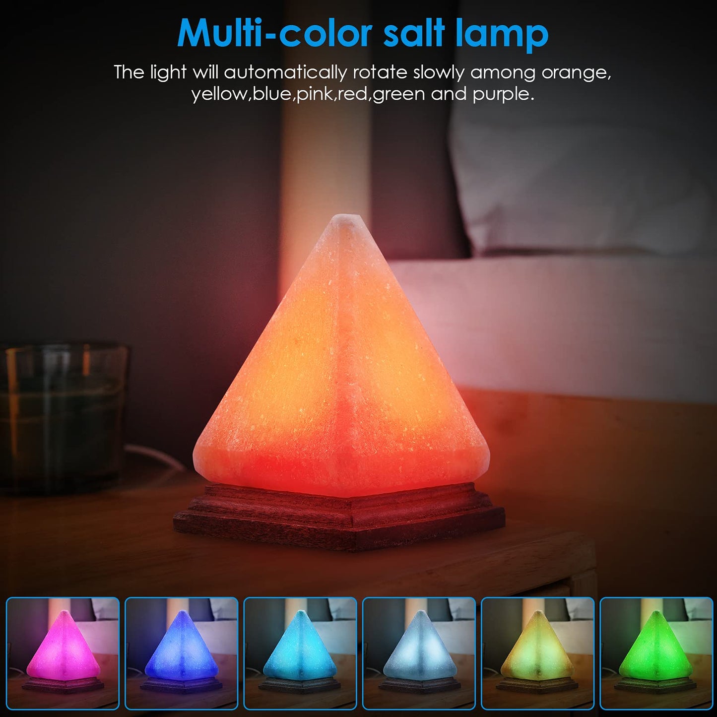 AMIR Pyramid Salt Lamp, 8 Colors Changing Himalayan Salt Lamp Crystal Rock Lamp, USB Salt Lamps Release Negative Ions for Bedroom, Living Room, Office Home Deco Yoga Gift