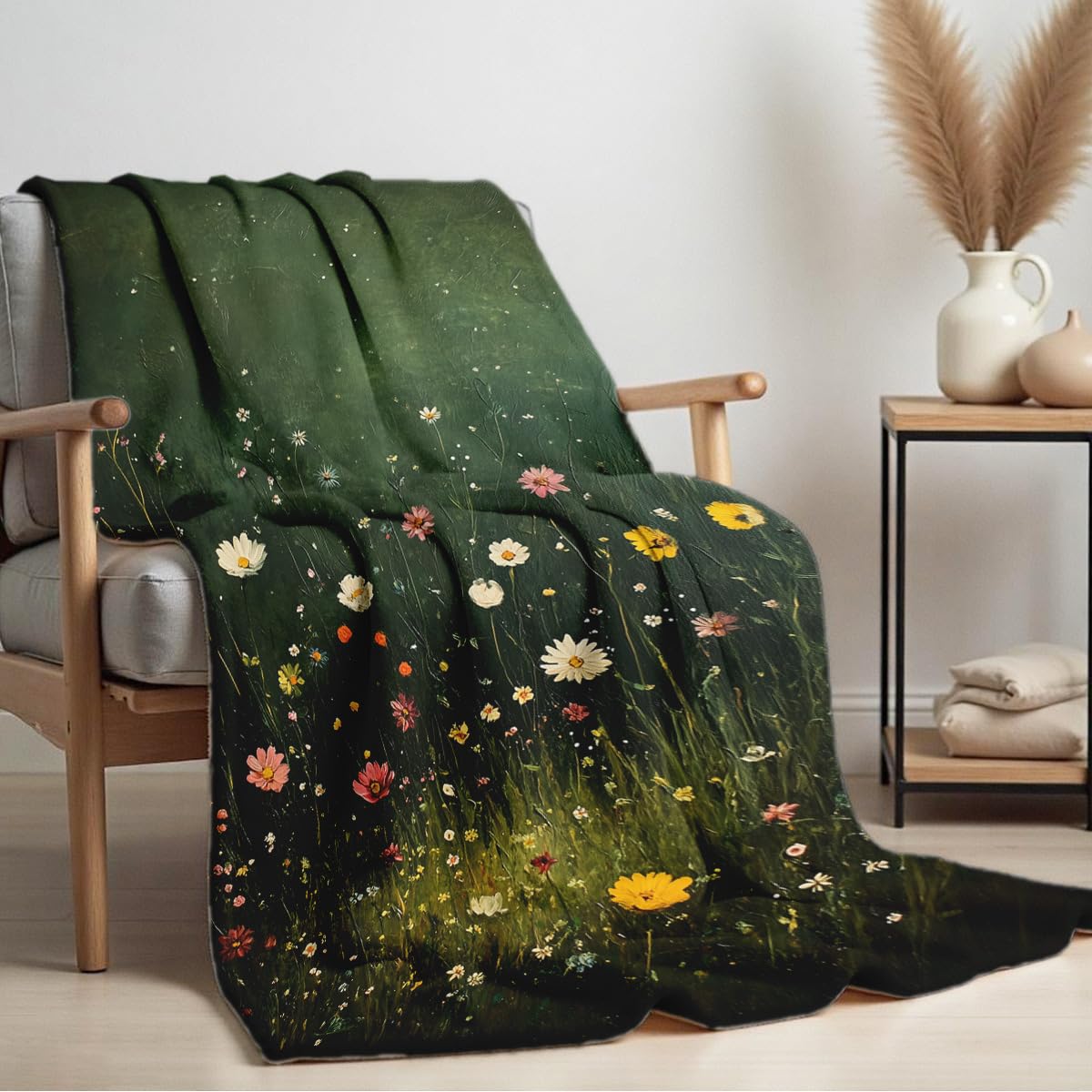 HUNXIAOJ Wildflower Print Blanket Flower Throw Blanket for Couch Bed Chair Soft Green Floral Flannel Throw Wildflower Decor Gifts (49"x59")