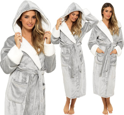 KATE MORGAN Ladies Dressing Gown Fluffy Super Soft Hooded Bathrobe for Women Plush Fleece Perfect Loungewear Long Robe | Gifts for Women 16-18 Grey Shimmer